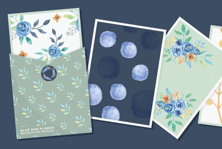 Add Hand-Painted Floral Design Elements With Blue Hue Flower Watercolor Package