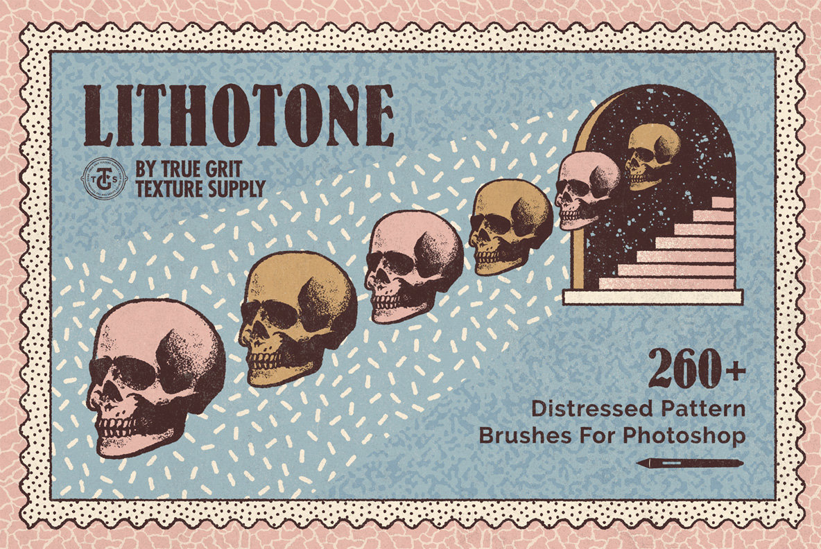 Lithotone Distressed Pattern Brushes for Photoshop: A Favorite from True Grit Texture Supply